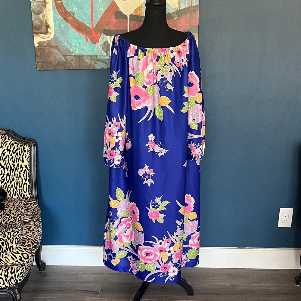 Vintage Blue Floral Off-Shoulder Maxi Dress - Pink, Green, Yellow